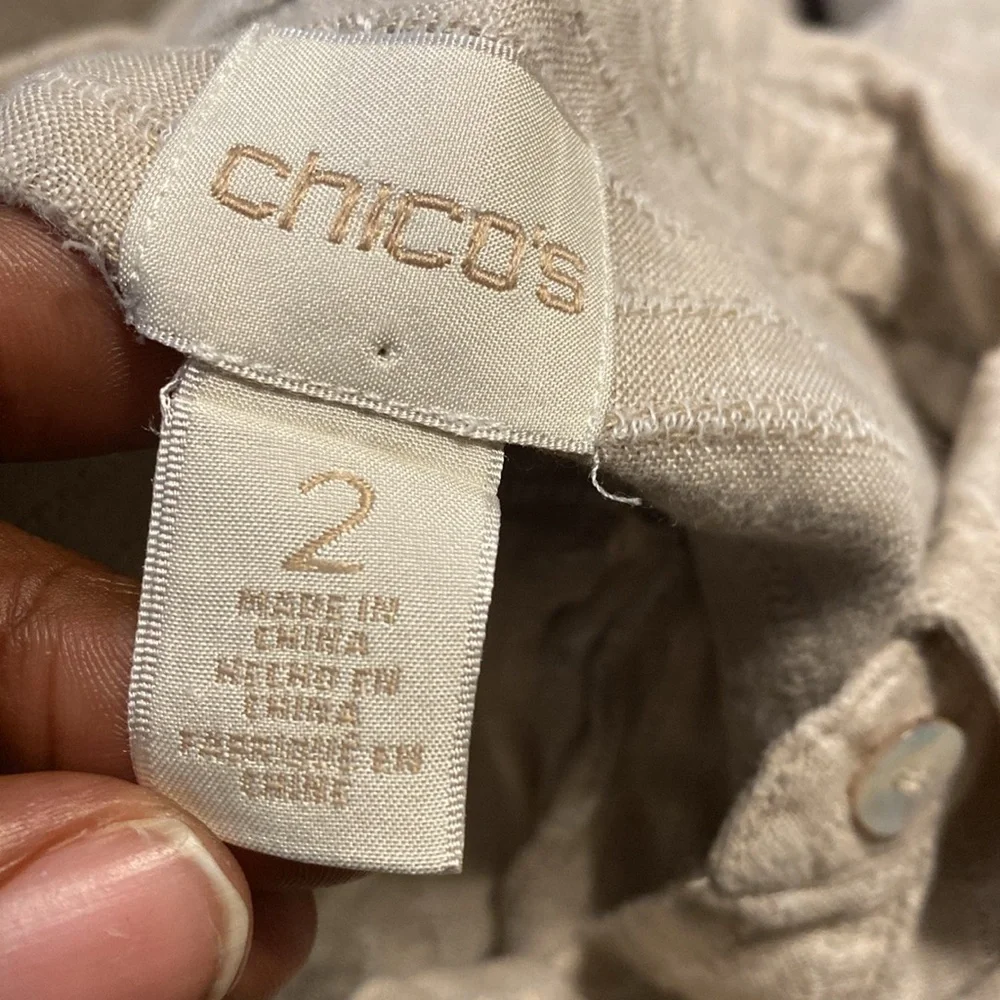 Chico's 100% Linen Tan Roll Tab Sleeve 1/2 Button Pullover Top Size Large - Picture 7 of 11